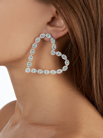 Oval Tourmaline Paraiba, Round Diamond & White Gold Heart-Shaped Earrings, 2