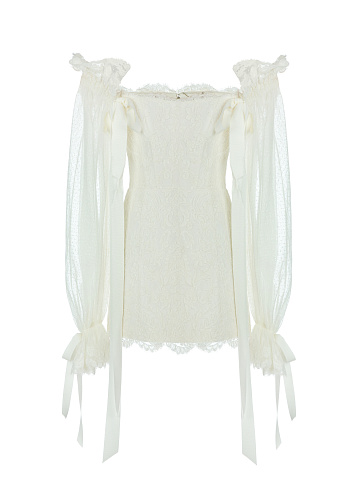 White Lace Open Shoulder Mini Dress, 1