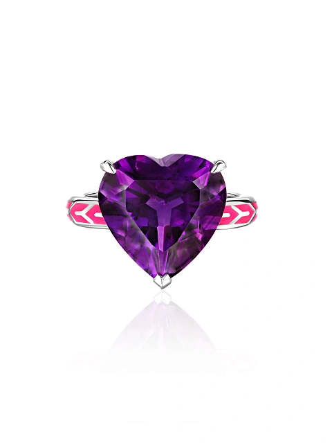 White Gold, Heart-cut Amethyst & Pink Enamel Ring, 3