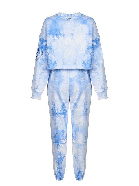 White & Blue Tie Dye Jersey Set With Cropped Sweatshirt, 2 White & Blue Tie Dye Jersey Set With Cropped Sweatshirt, 2