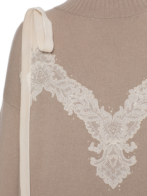 Beige cashmere sweater with lace and ribbons, 3