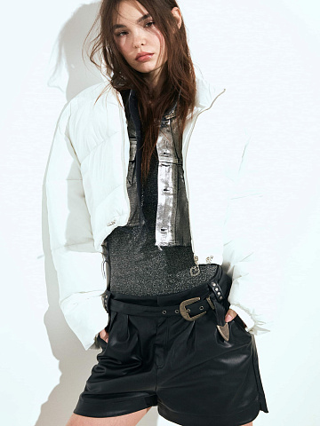 Black Faux Leather Belted Shorts, 2