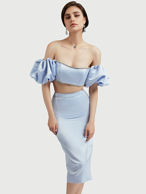Light Blue Rhinestones Trimmed Satin Top, 6 Light Blue Rhinestones Trimmed Satin Top, 6