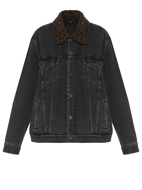 Black Embroidered Denim & Astrakhan Fur Jacket, 1 Black Embroidered Denim & Astrakhan Fur Jacket, 1
