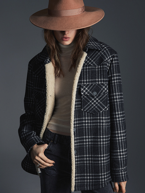 Black Checkered Wool & Beige Shearling Jacket, 4 Black Checkered Wool & Beige Shearling Jacket, 4