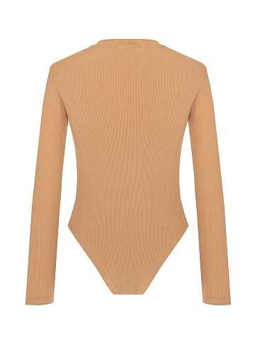 Dark Beige Ribbed Cotton L/S Round Neck Bodysuit, 2
