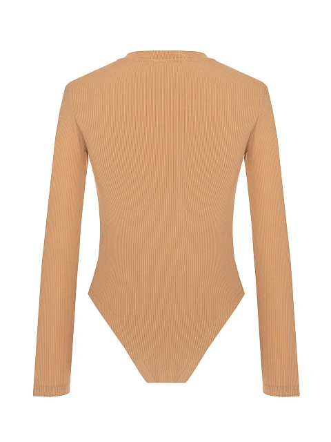 Dark Beige Ribbed Cotton L/S Round Neck Bodysuit, 2 Dark Beige Ribbed Cotton L/S Round Neck Bodysuit, 2