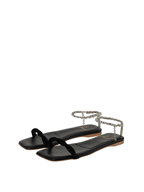 Black Rhinestones Leather Sandals, 1