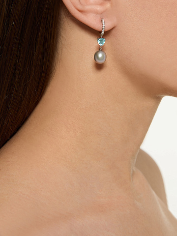 White gold earrings with aquamarine and gray pearls, 2