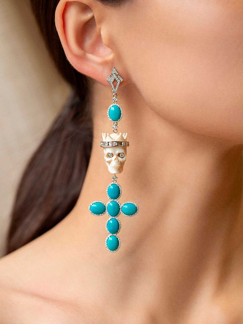 White Gold, Turquoise, Diamonds & Mammoth Tusk Skull Earrings, 4