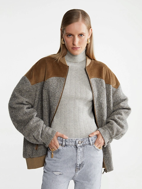 Grey Lurex Boucle Wool Bomber Jacket, 10 Grey Lurex Boucle Wool Bomber Jacket, 10