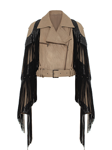 Brown Fringed & Embroidered Leather Biker Jacket, 1