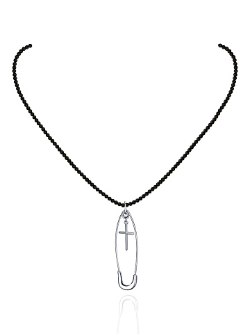 Black Agate & Silver "Safety Pin" Necklace, 1