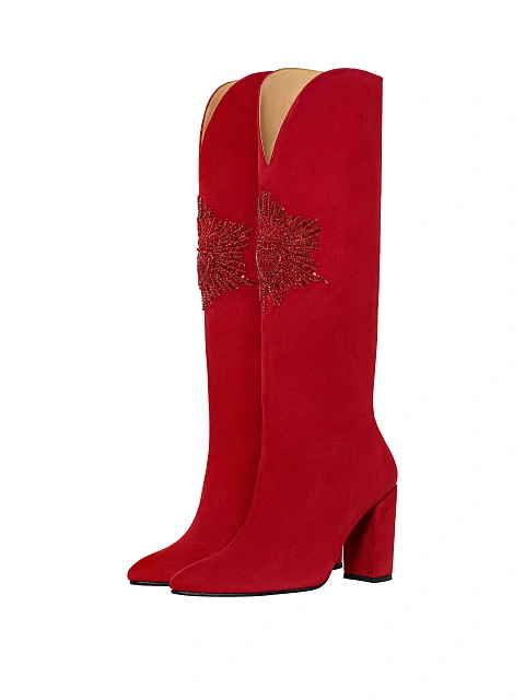 Red Embroidered Suede Knee High Boots, 1
