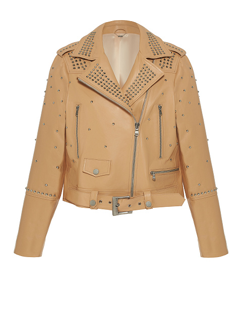 Beige Studded Leather Biker Jacket, 1 Beige Studded Leather Biker Jacket, 1