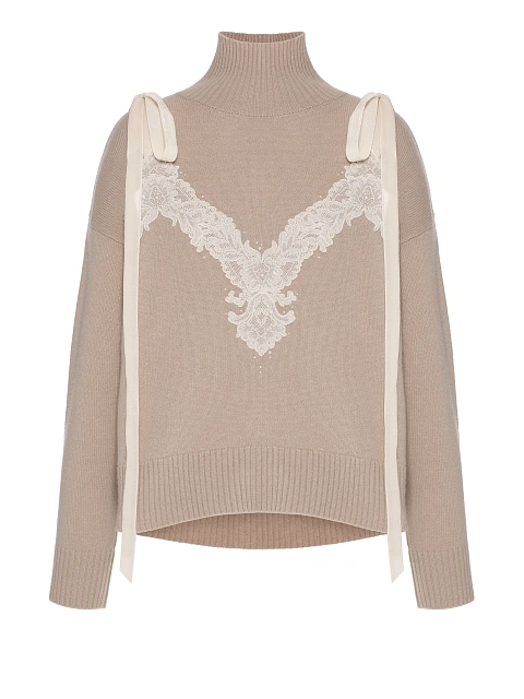 Beige cashmere sweater with lace and ribbons, 1