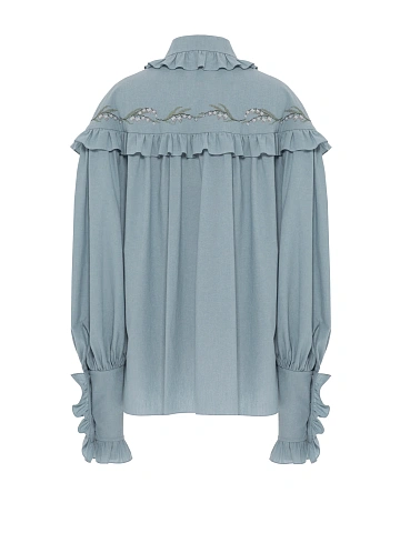 Light Blue Embroidery & Ruffle Cotton Shirt, 2