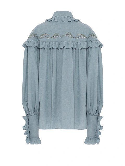 Light Blue Embroidery & Ruffle Cotton Shirt, 2 Light Blue Embroidery & Ruffle Cotton Shirt, 2