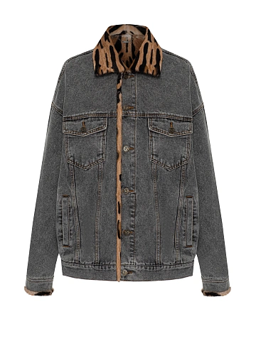 Grey Denim & Printed Goat Fur Jacket, 1