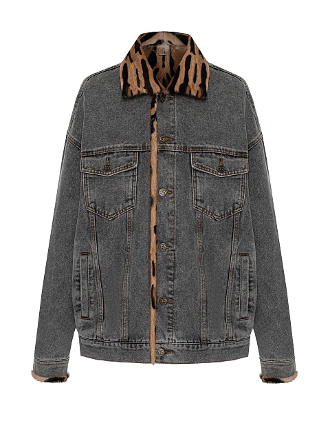 Grey Denim & Printed Goat Fur Jacket, 1 Grey Denim & Printed Goat Fur Jacket, 1