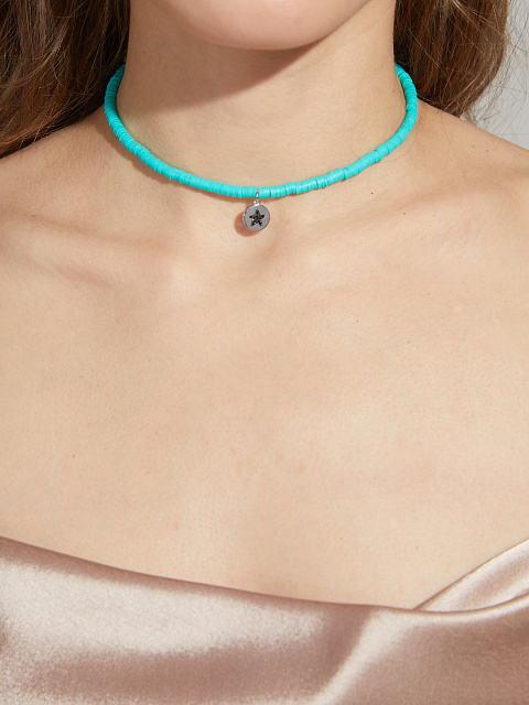 Turquoise rubber choker necklace with a pendant made of silver and black cubic zirconia, 2