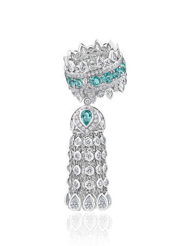 Tourmaline Paraiba & Round, Pear Diamond & White Gold Tassel Ring, 1