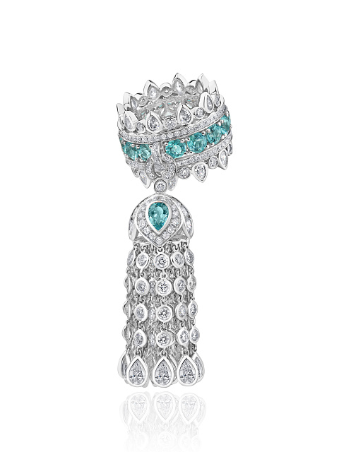 Tourmaline Paraiba & Round, Pear Diamond & White Gold Tassel Ring, 1