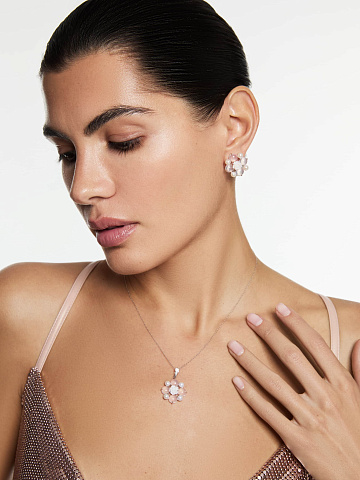 Pink Mother of Pearl, Cabochon Pose Quartz, Bead Pearl & White Gold Earrings, 2