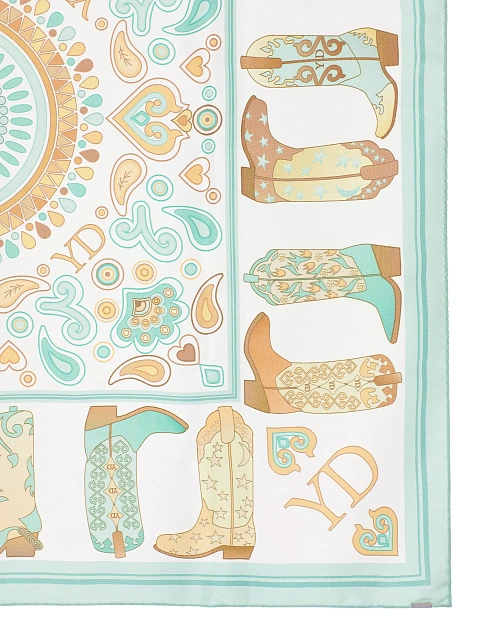 White silk scarf with mint western-style print, 2 White silk scarf with mint western-style print, 2