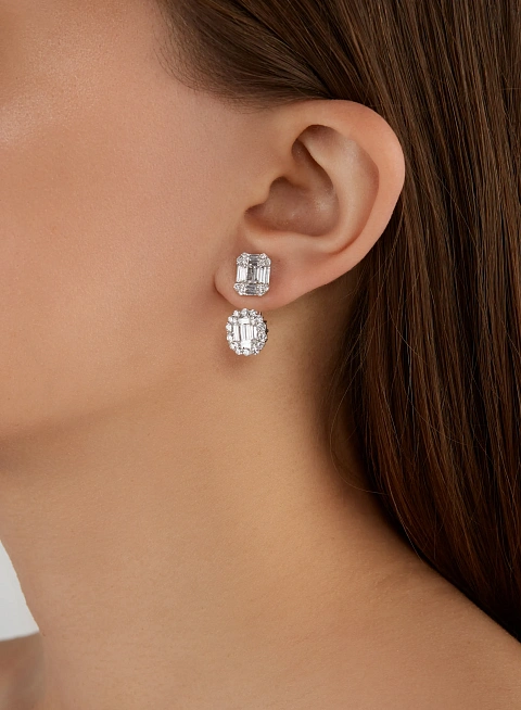 Round Diamond, Baguette Diamond  & White Gold Earrings, 2