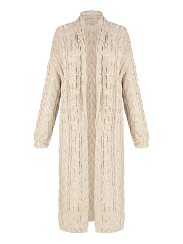 Beige Tencel & Silk Cable Knit Long Cardigan, 1