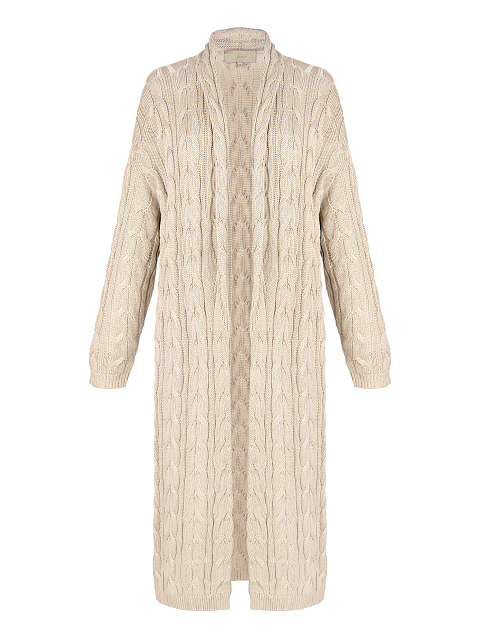 Beige Tencel & Silk Cable Knit Long Cardigan, 1