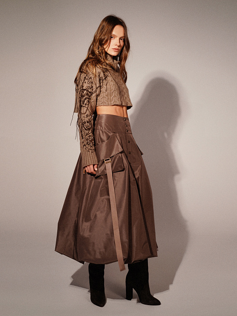 Brown Taffeta Midi Skirt, 4