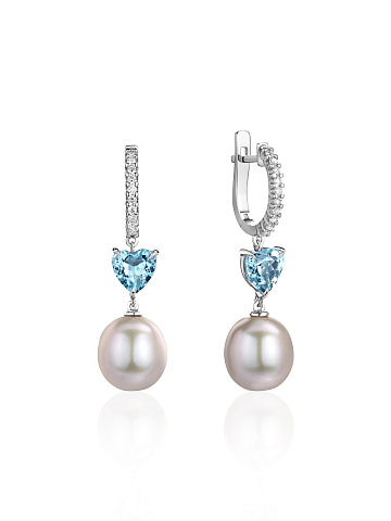 White gold earrings with aquamarine and gray pearls, 1