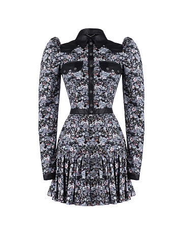 Black Cotton Floral-Print Mini Dress, 1