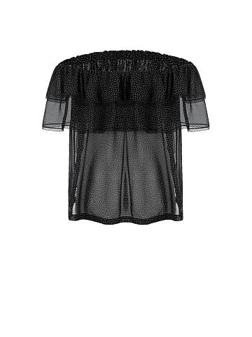 Black Chiffon Polka Dot Off Shoulder Top, 2