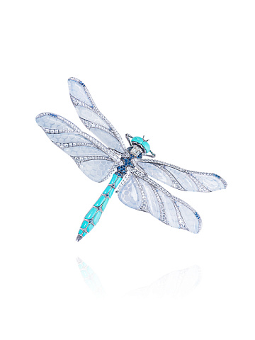 White Gold, Diamonds, Сhalcedony & Turquoise Dragonfly Brooch, 1