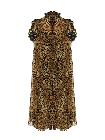 Leopard Lace Trim Pleated Mini Dress, 1