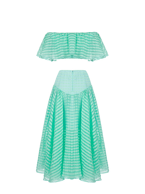 Turquoise Striped Chiffon Top & Midi Skirt, 2 Turquoise Striped Chiffon Top & Midi Skirt, 2