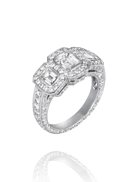 Baguette Diamond, Round Diamond & White Gold Ring, 1