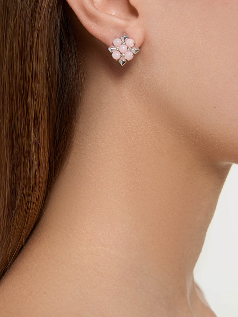 White gold stud earrings with cabochon-cut pink opal, 4