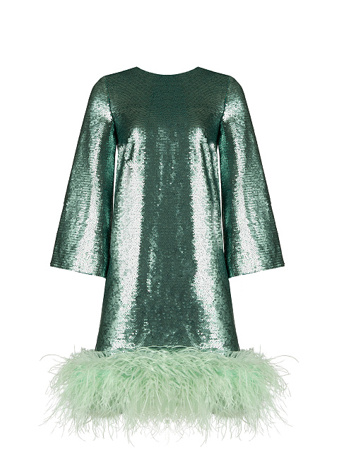 Green Sequined Feather-Trimmed Mini Dress, 1 Green Sequined Feather-Trimmed Mini Dress, 1