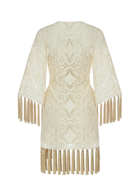 Beige Fringed Lace Cotton Wrap Mini Dress, 2