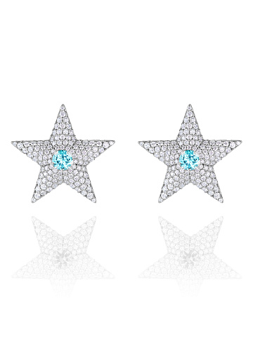 Tourmaline Paraiba, Round Diamond & White Gold "Star" Earrings, 1