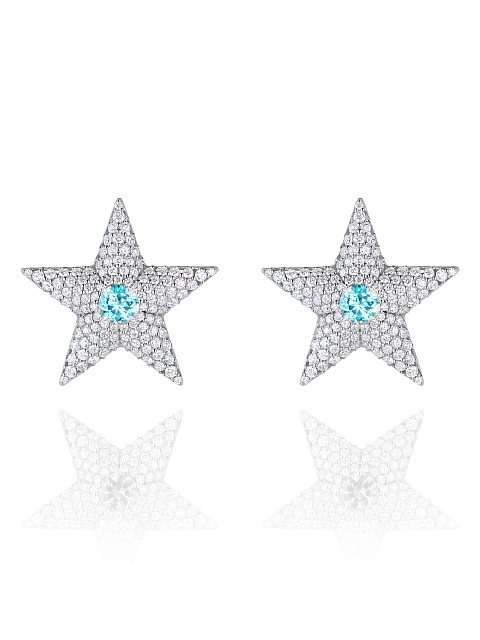 Tourmaline Paraiba, Round Diamond & White Gold "Star" Earrings, 1