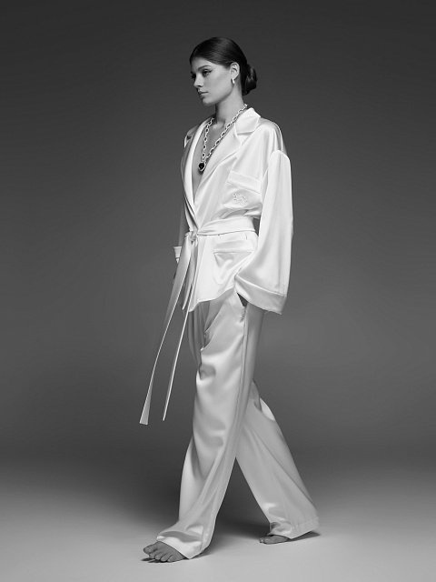 White Embroidered "Bride" Silk Pajama Set, 11 White Embroidered "Bride" Silk Pajama Set, 11