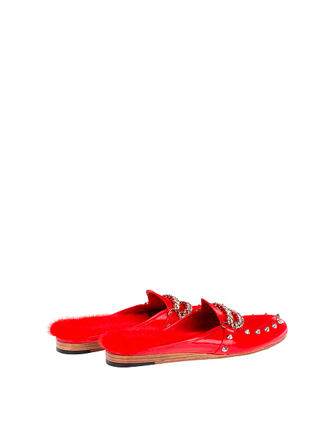 Red Patent Leather Mink Fur Mules, 3