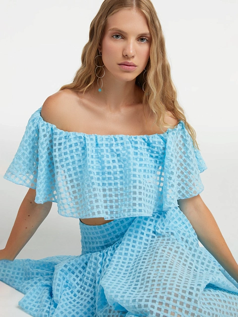 Blue Checked Chiffon Top & Midi Skirt, 8 Blue Checked Chiffon Top & Midi Skirt, 8