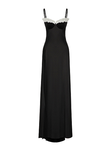 Black feather-trim maxi dress, 1