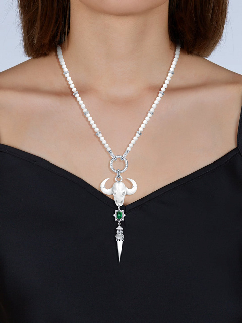 Round Diamond & Cabochon Emerald & Coral & White Gold Necklace  , 3